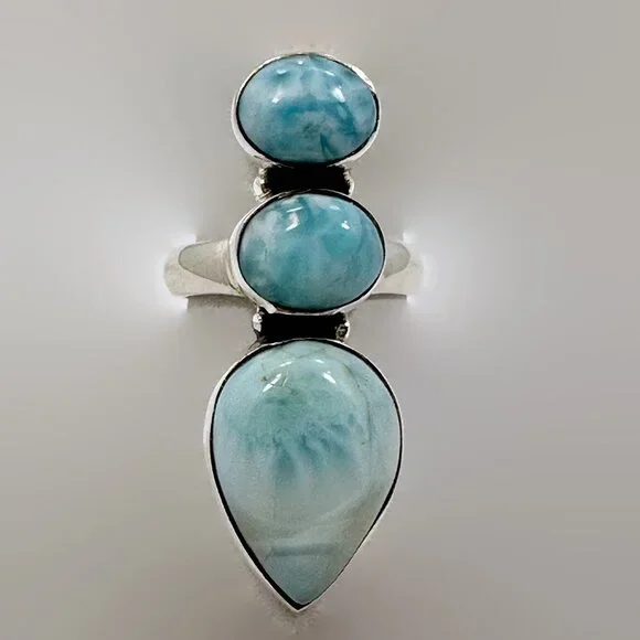 Handcrafted Larimar Sterling Silver Ring: Triple Stone Size 5.5 - Picture 2 of 5